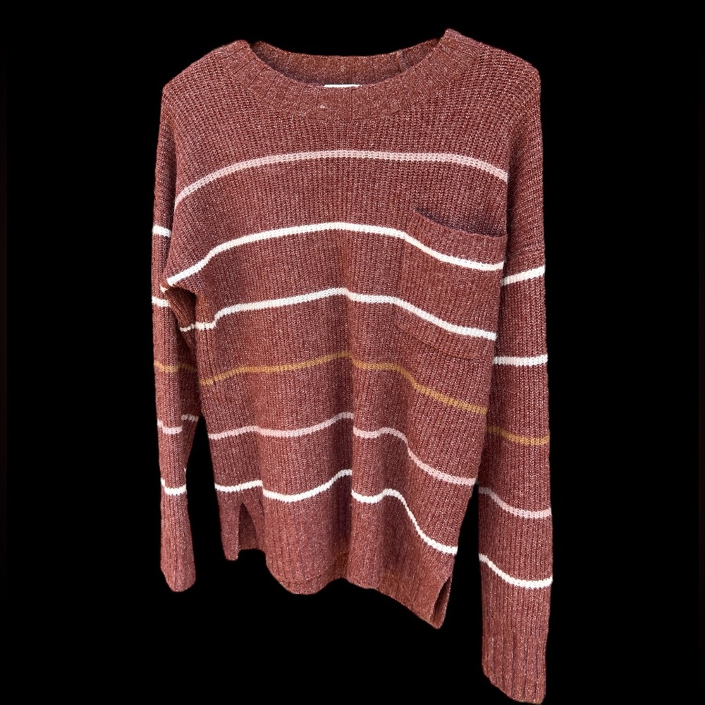 PINQUE CREW NECK WOMEN'S SWEATER SIZE SMALL LONG SLEEVE STRIPED BROWN